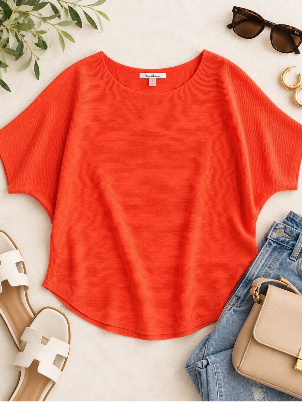 Vila Milano Coral Orange Dolman Batwing Knit Top Large Relaxed Stretch